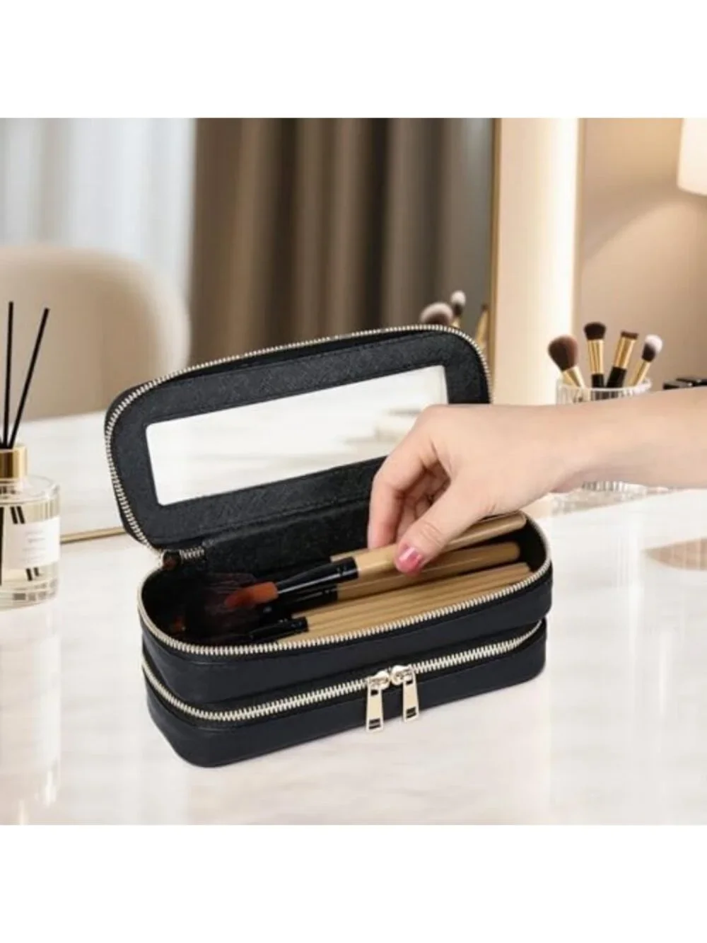 Stylish Double Layer Makeup Bag - Slim Design, Black, Perfect for Travel